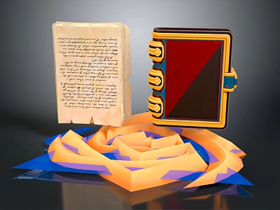 Vintage Handwritten Paper and Notebook with Yellow Border Red Pages on Orange Blue Spiral Base 3d model