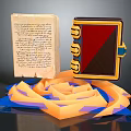 Vintage Handwritten Paper and Notebook with Yellow Border Red Pages on Orange Blue Spiral Base