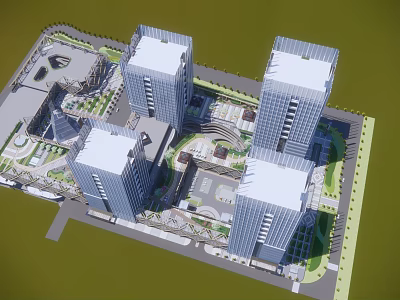 Modern Commercial Complex With High Rise Towers Central Plaza And Green Areas 3d model