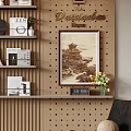 Wooden Layered Bookshelf With Books Decorative Items Framed Painting Indoor Plant And Black Chair