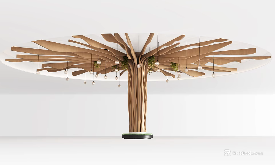 Wooden Tree Sculpture With Expanded Branches Hanging Lights And Green Plants 3d model 