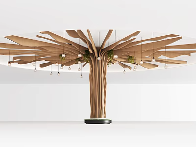 Wooden Tree Sculpture With Expanded Branches Hanging Lights And Green Plants 3d model