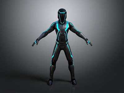Futuristic Cybernetic Character In Sleek Black Suit With Neon Blue Glowing Lines 3d model