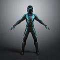 Futuristic Cybernetic Character In Sleek Black Suit With Neon Blue Glowing Lines