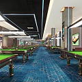 Modern Billiard Room With Snooker Tables Lounge Seating And TVs