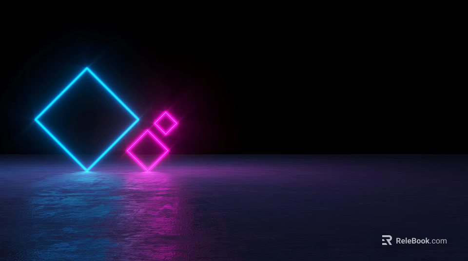 Square Shaped Decorative Lights With Blue And Pink Neon Glow On Dark Reflective Surface 3d model 