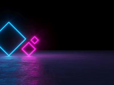 Square Shaped Decorative Lights With Blue And Pink Neon Glow On Dark Reflective Surface 3d model
