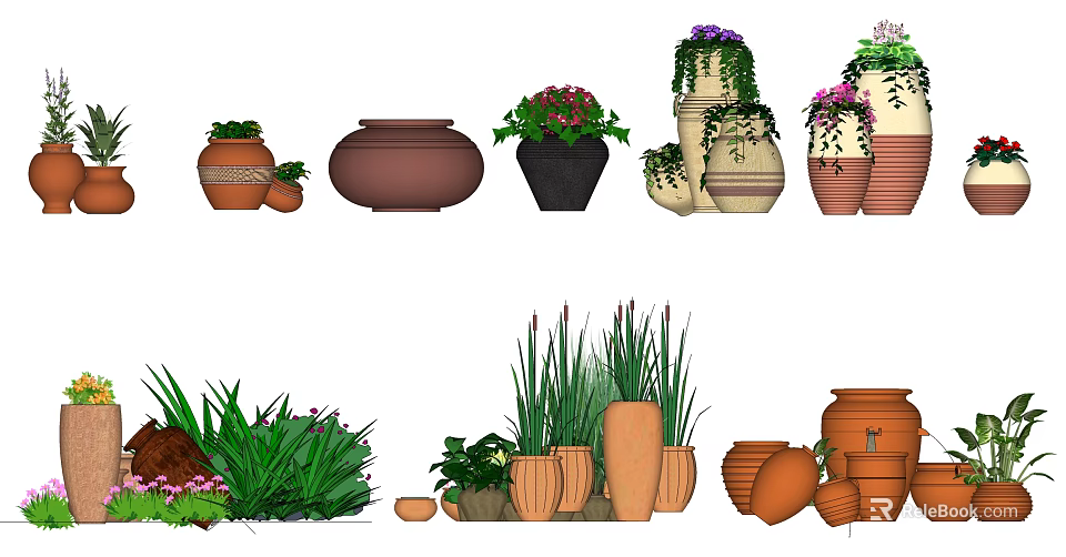 Ceramic Vessels With Various Designs And Plant Decorative Elements 3d model