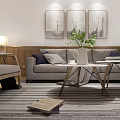 Modern Living and Dining Room Interior With Wooden Furniture Chandelier Round Mirror And Green Plants