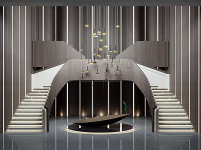 Modern Curved Stairs Design With Vertical Stripes Hanging Chandeliers And Polished Floor 3d model