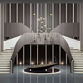 Modern Curved Stairs Design With Vertical Stripes Hanging Chandeliers And Polished Floor