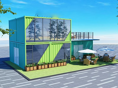Modern Container Office With Green Blue Exterior Large Windows Terrace Outdoor Seating And Plants 3d model