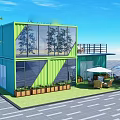 Modern Container Office With Green Blue Exterior Large Windows Terrace Outdoor Seating And Plants