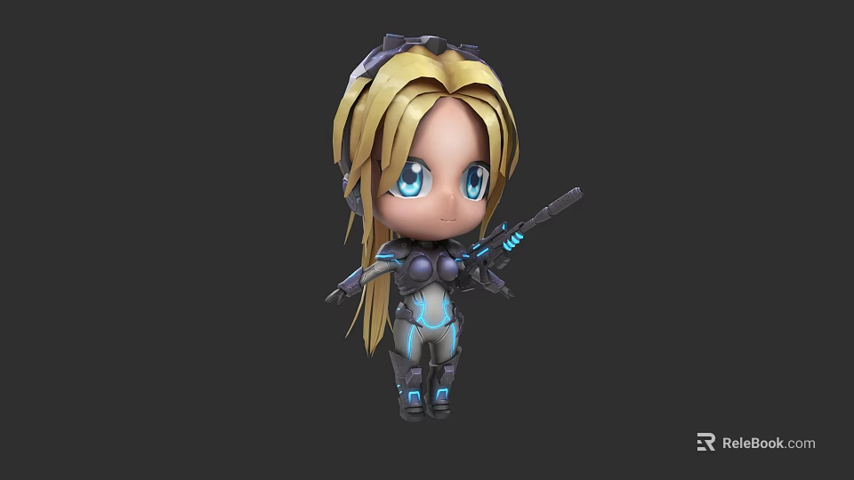 Chibi Female Character With Blonde Long Hair Blue Eyes And Futuristic Armor Holding Weapon 3d model 