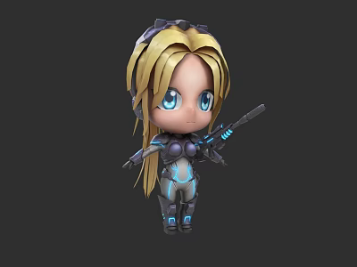 Chibi Female Character With Blonde Long Hair Blue Eyes And Futuristic Armor Holding Weapon 3d model