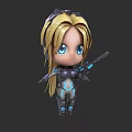 Chibi Female Character With Blonde Long Hair Blue Eyes And Futuristic Armor Holding Weapon