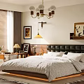 Modern Bedroom Interior With Large Bed Chandelier Table Lamp And Framed Art