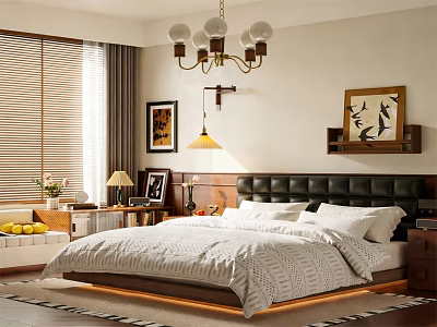 Modern Bedroom Interior With Large Bed Chandelier Table Lamp And Framed Art 3d model