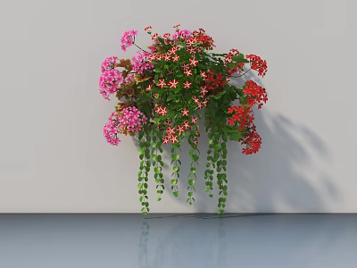 Bonsai Potted Plant with Pink Red Flowers Hanging Vines and Green Leaves 3d model