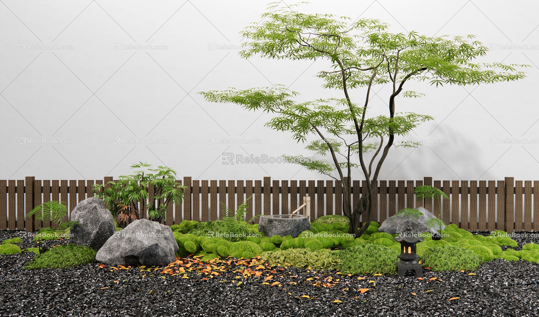 Japanese-style courtyard micro-landscape maple landscape tree moss plant landscaping courtyard sketch landscape stone 3d model