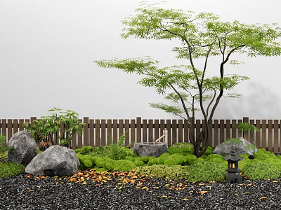 Tranquil Courtyard Garden With Wooden Fence Tree Moss Stone Lantern Black Gravel And Fallen Leaves 3d model