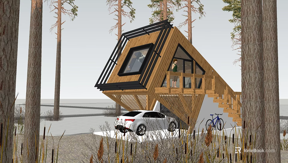 Wooden House With Sloped Roof Black Frame And Balcony Surrounded By Trees Near Car Bicycle 3d model 
