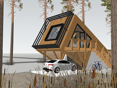 Wooden House With Sloped Roof Black Frame And Balcony Surrounded By Trees Near Car Bicycle 3d model