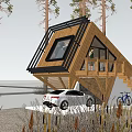 Wooden House With Sloped Roof Black Frame And Balcony Surrounded By Trees Near Car Bicycle