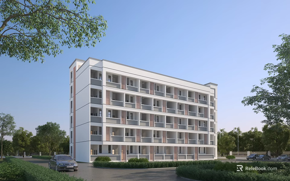 White Multi Storey School Building With Balconies Trees Grass Road And Cars 3d model 