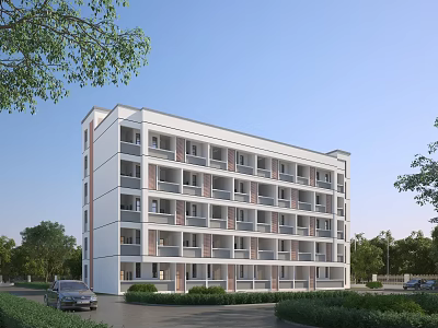White Multi Storey School Building With Balconies Trees Grass Road And Cars 3d model