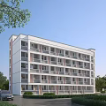 White Multi Storey School Building With Balconies Trees Grass Road And Cars