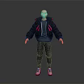 Man in casual outfit black jacket with pink accents black sweatpants and colorful sneakers