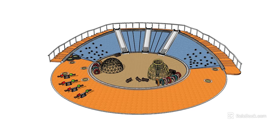 Circular Playground Equipment Design With Dome Structures Colorful Components And Orange Blue Areas 3d model 