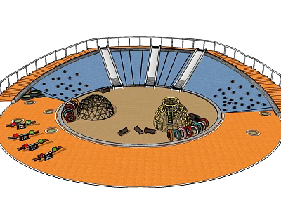 Circular Playground Equipment Design With Dome Structures Colorful Components And Orange Blue Areas 3d model