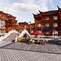 Charming Traditional Chinese Commercial Street With River Ancient Bridge And Red Lanterns