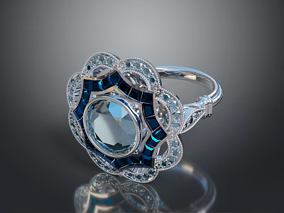 Elegant Silver Ring With Blue Gemstone And Inlaid Crystals Design 3d model