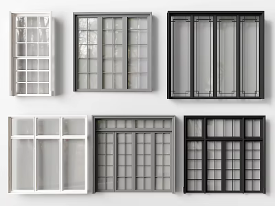 Various Window Designs In White Gray Black With Grid And Vertical Panels 3d model