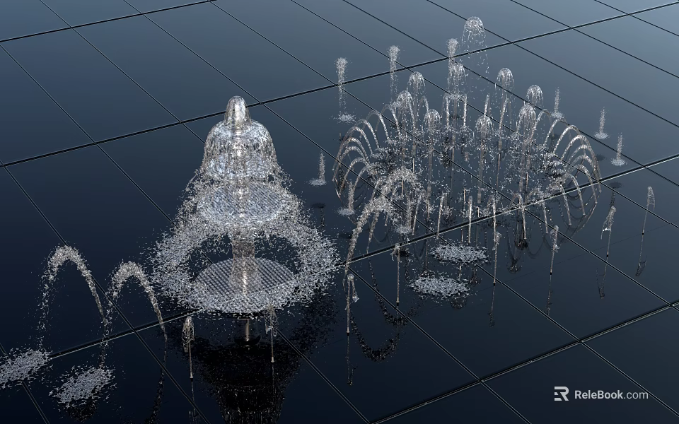 Stunning Fountain Display With Multiple Water Jets Splashing On Black Tiled Ground 3d model 