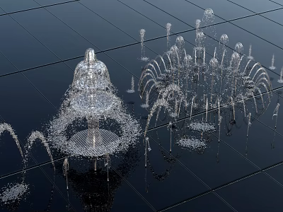 Stunning Fountain Display With Multiple Water Jets Splashing On Black Tiled Ground 3d model