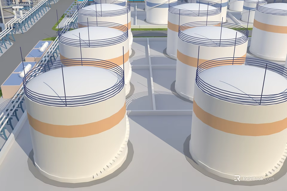 Large Industrial Plant With Multiple White Storage Tanks Featuring Orange Stripes And Top Railings 3d model 