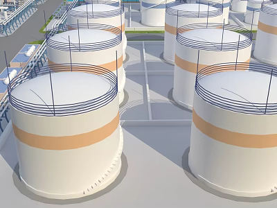 Large Industrial Plant With Multiple White Storage Tanks Featuring Orange Stripes And Top Railings 3d model
