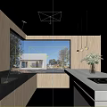 Modern Kitchen Interior Design With Wooden Cabinets Island Hanging Lights And Large Window