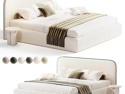Modern White Double Bed With Upholstered Headboard Pillows Throw Blanket And Side Table 3d model
