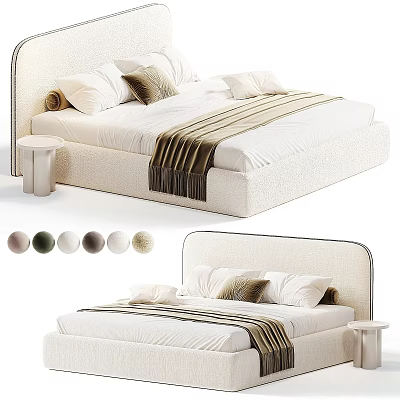 Modern White Double Bed With Upholstered Headboard Pillows Throw Blanket And Side Table 3d model
