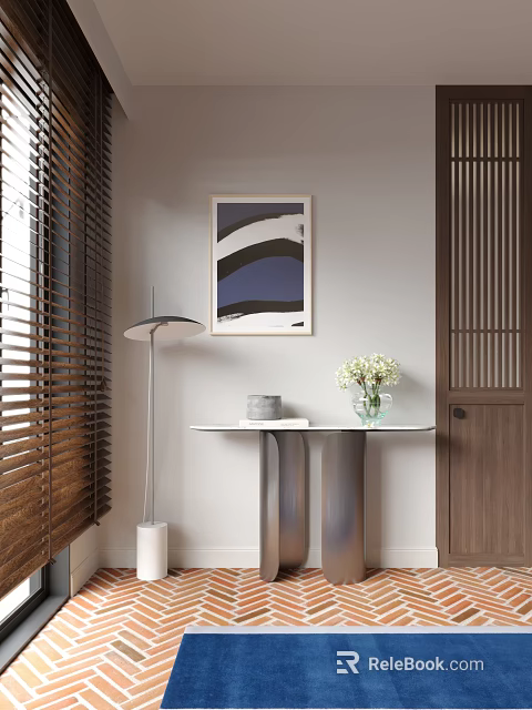 Minimalist Console Table Side Cabinet With Marble Top Wooden Blinds Floor Lamp And Artwork 3d model 