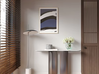 Minimalist Console Table Side Cabinet With Marble Top Wooden Blinds Floor Lamp And Artwork 3d model