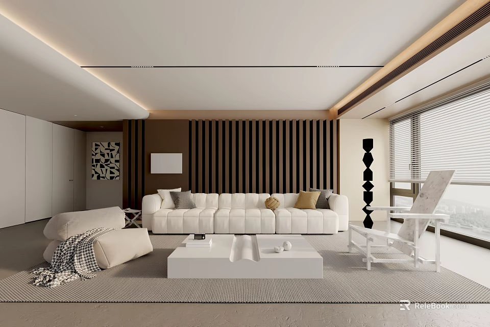 Modern Living Room Interior Design With White Sofa Wooden Wall Panel And Coffee Table 3d model 
