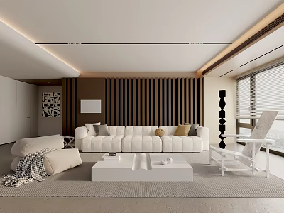 Modern Living Room Interior Design With White Sofa Wooden Wall Panel And Coffee Table 3d model
