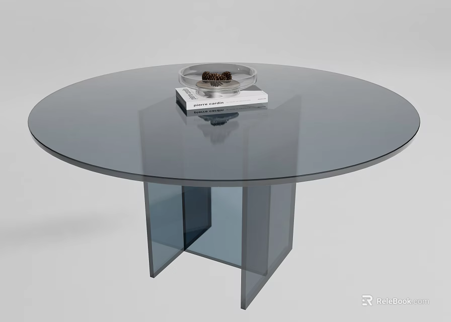 Modern Round Glass Top Dining Table With Geometric Base And Decorative Tray 3d model