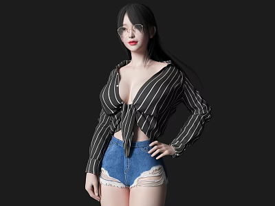 Stylish Woman With Long Black Hair Glasses In Striped Tied Shirt And Distressed Denim Shorts 3d model